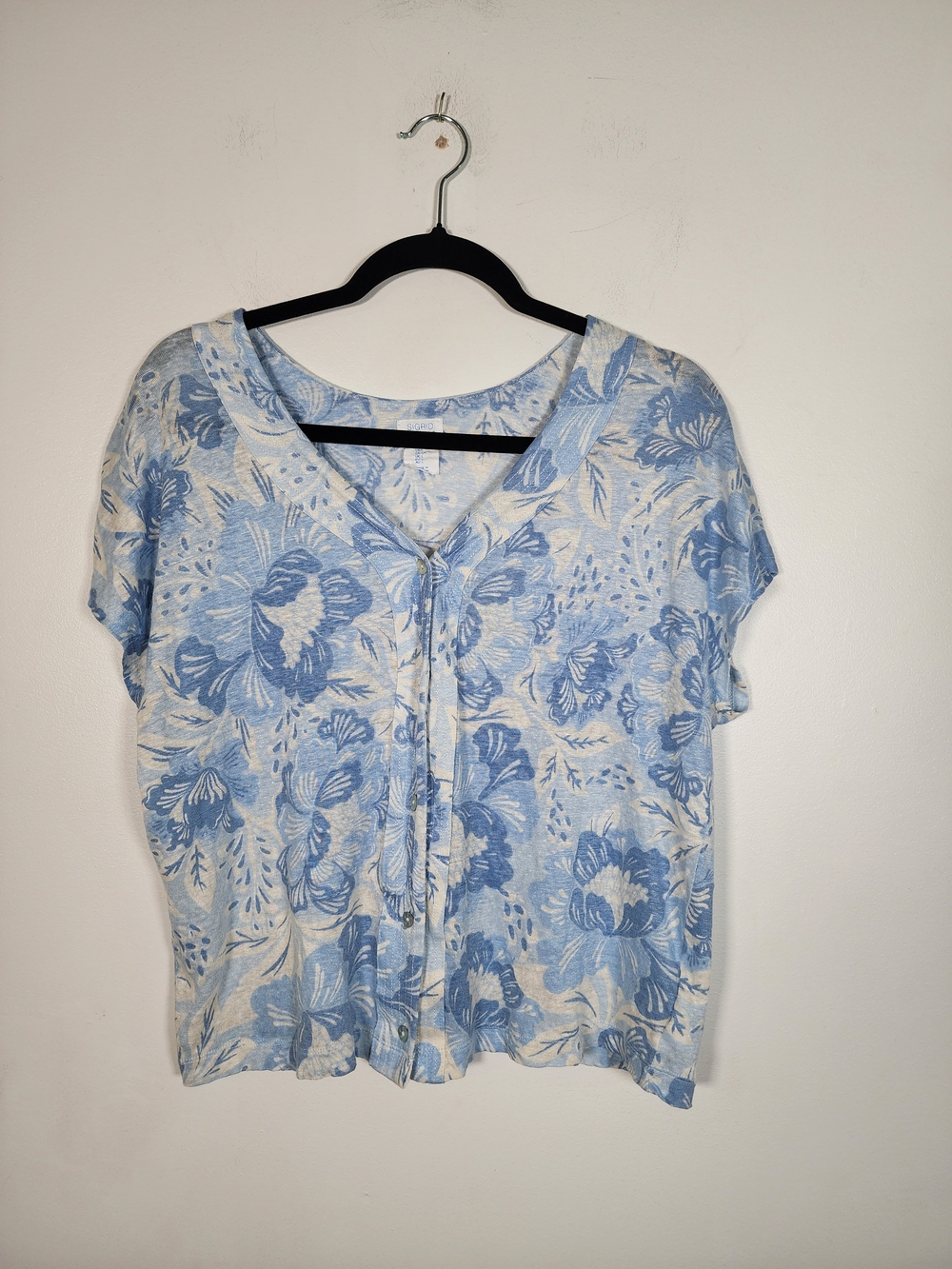 Sigrid Olsen Light Blue Linen Floral Woman's Blouse